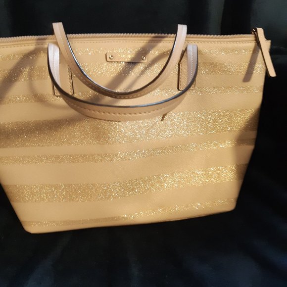 Kate Spade Satchel zip handbag purse taupe with gold stripes - Picture 1 of 8